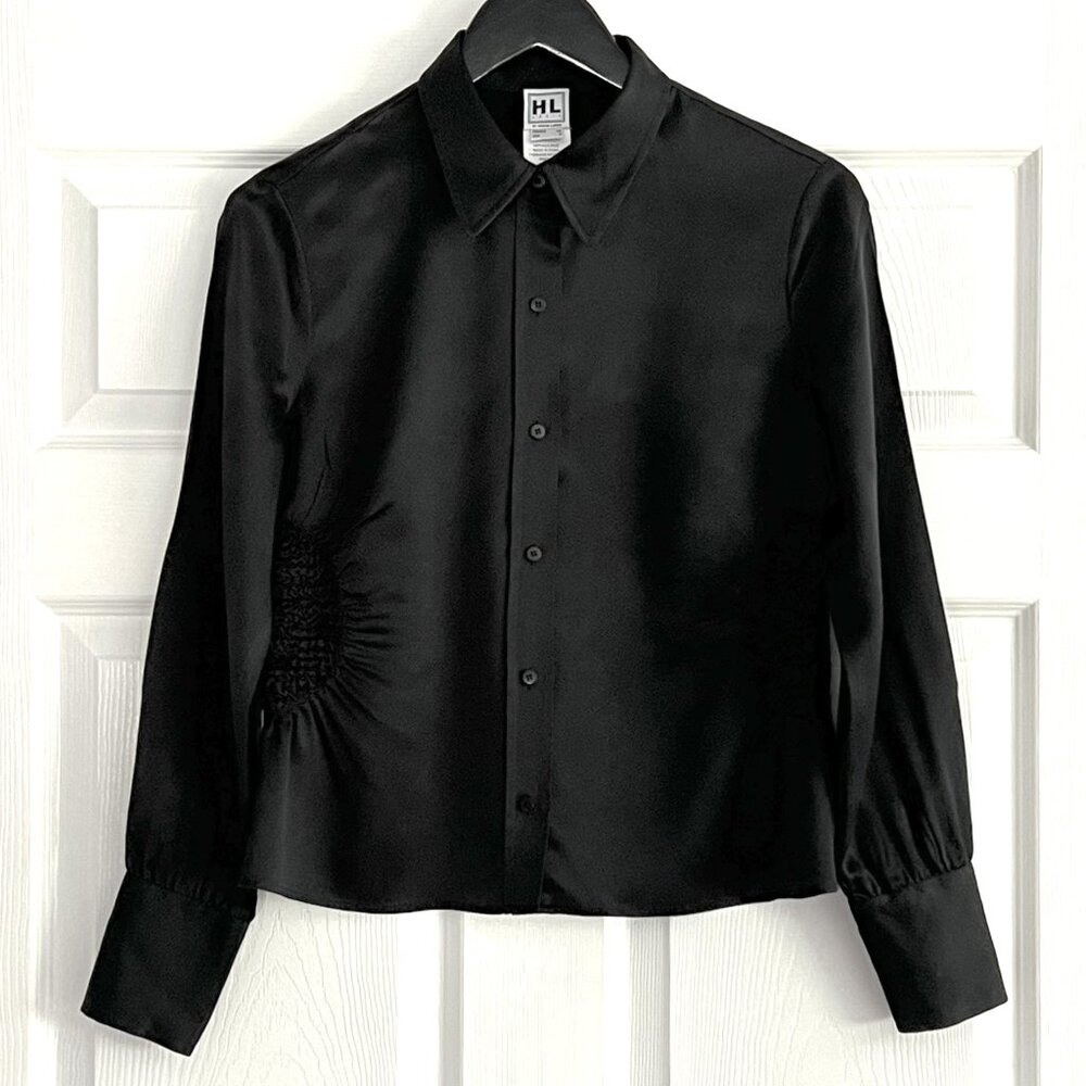 HERVE LEGER PARIS black silk button front top long sleeve shirred waist size 8